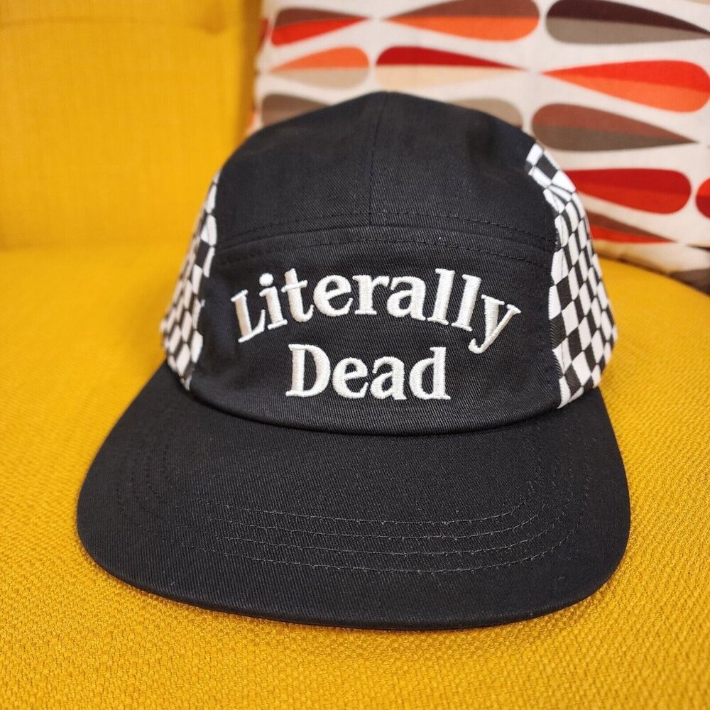 Cakeworthy Literally Dead 5 Panel Halloween Black & White Checker Baseball Cap - Picture 9 of 12
